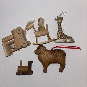 Wooden Christmas Ornament Lot of 5 Vintage Trains Sheep Giraffe Rocking Horse